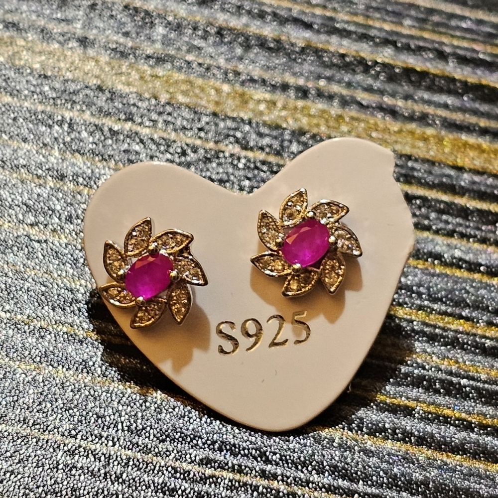 Flower Cluster With Pink Corundum Gemstone Post Earrings